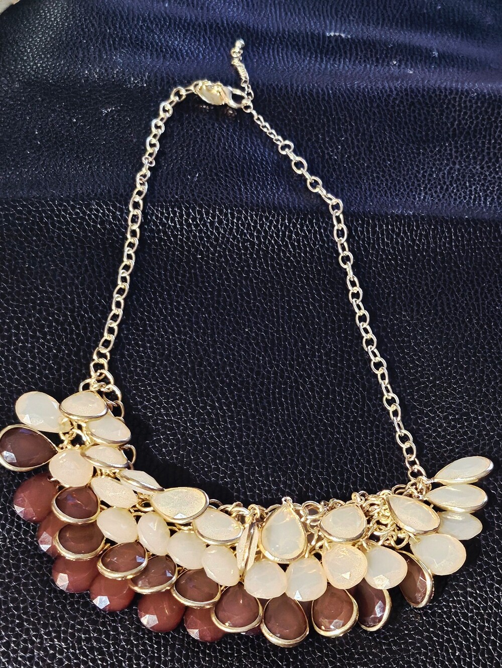 24"Charming Charlie Gold-Tone Cream & Brown Teardrop Bib Statement Necklace